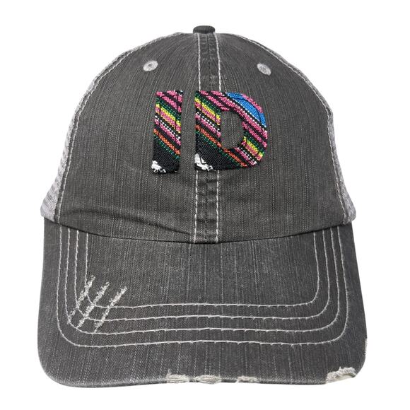 ID Strapback Trucker Hat Gray One Size Adjustable Mesh Back Distressed 6 Panel - Picture 1 of 9